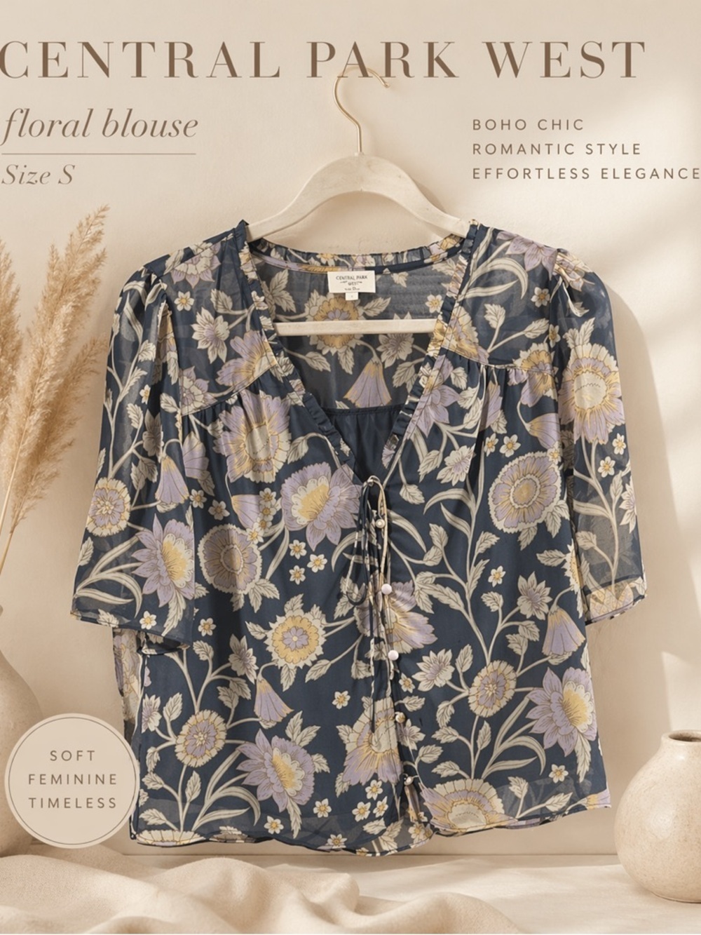 Central Park West Floral Blouse | Boho Chic Sheer Top size M - Picture 2 of 4